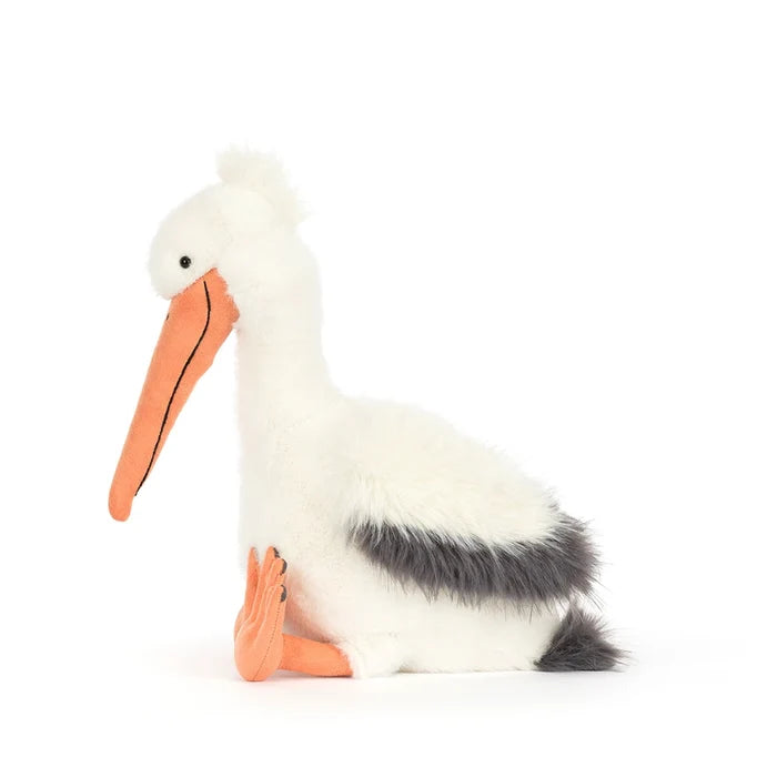 Plush pelican toy viewed from the side