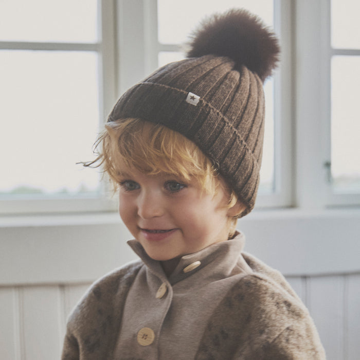Kids Merino Wool & Alpaca Pom Pom Hat - Dark Brown Melange