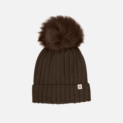 Kids Merino Wool & Alpaca Pom Pom Hat - Dark Brown Melange