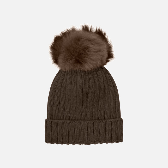 Kids Merino Wool & Alpaca Pom Pom Hat - Dark Brown Melange
