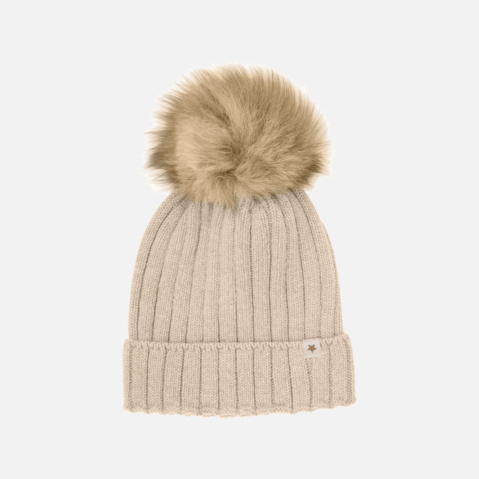 Kids Merino Wool & Alpaca Pom Pom Hat - Sand melange
