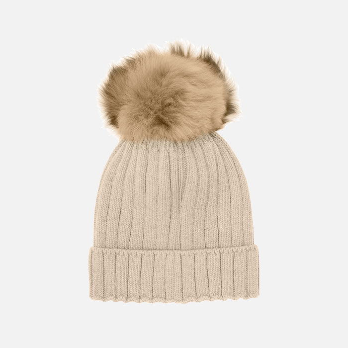 Kids Merino Wool & Alpaca Pom Pom Hat - Sand melange