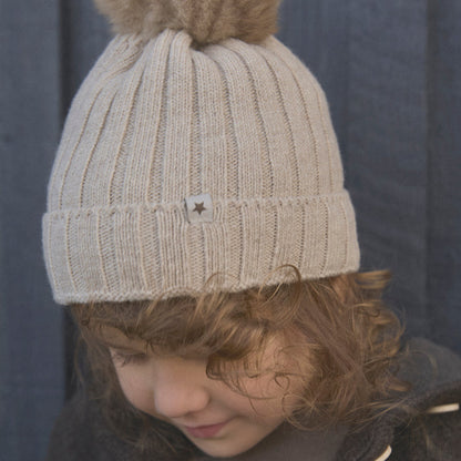 Kids Merino Wool & Alpaca Pom Pom Hat - Sand melange