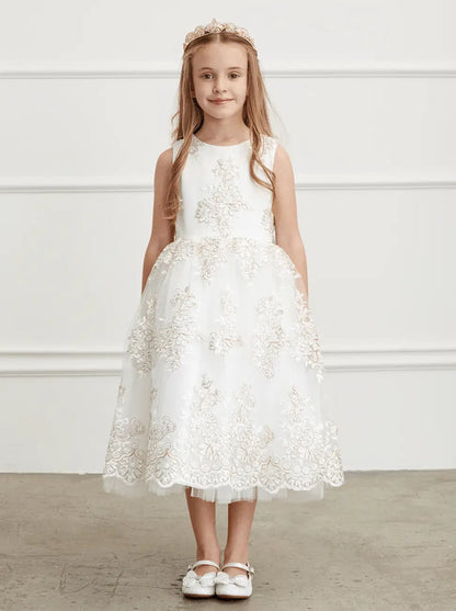 Kids Metallic Lace Embroidered Dress With Tulle Skirt #TK5816 | Norma Reed - NORMA REED
