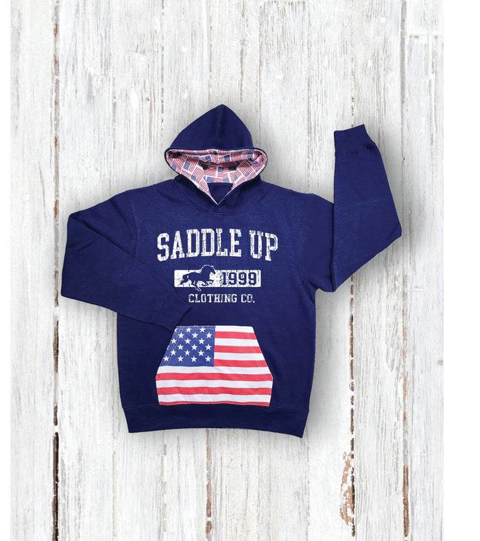 Kids’ Patriotic USA Hoodie – Saddle Up Red, White & Blue Youth Sweatshirt
