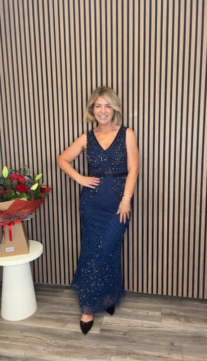 Kim Embellished Deco Maxi Dress (Navy)