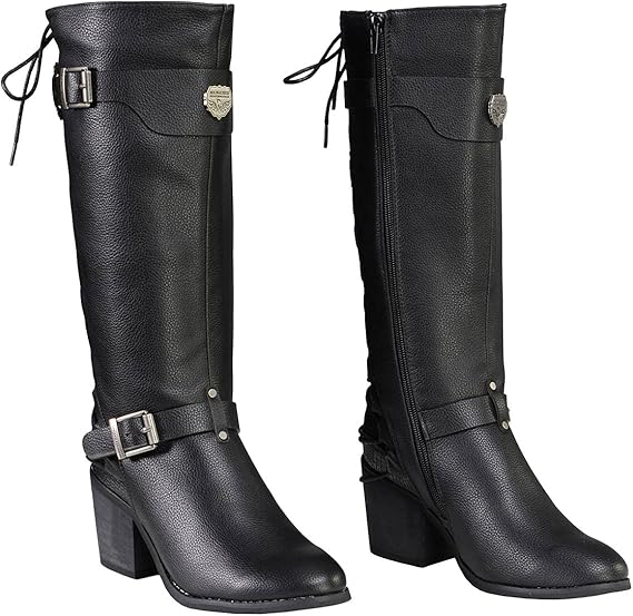 Ladies Back End Laced Boot: Description
Ladies calf lace boot with buckles for adjustment and a snakeskin patter under the la