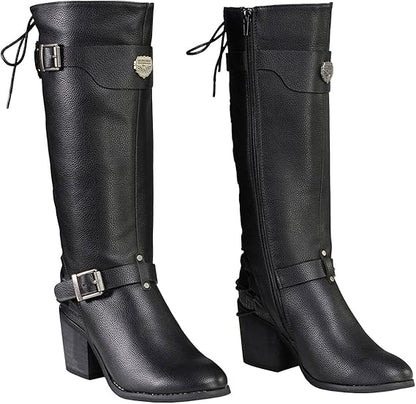 Ladies Back End Laced Boot: Description
Ladies calf lace boot with buckles for adjustment and a snakeskin patter under the la