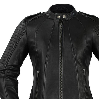 Ladies Biker jacket quilted shoulder and stand collar detail