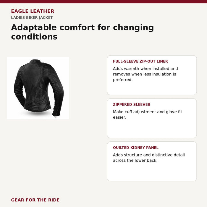 Ladies Biker jacket removable liner cuff and back comfort features