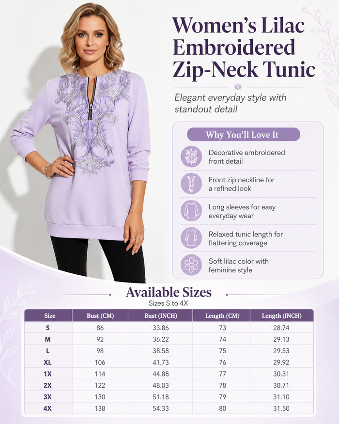 A promotional product graphic for a women's lilac embroidered zip-neck tunic. A woman models the tunic on the left, with product features listed on the right and an available sizes table at the bottom.