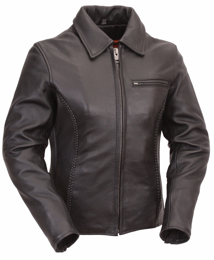 Ladies Contessa Jacket: ﻿Soft naked cowhide
-Snap-down shirt-collar, braided detail on the front, back and sleeves

Hidden zi