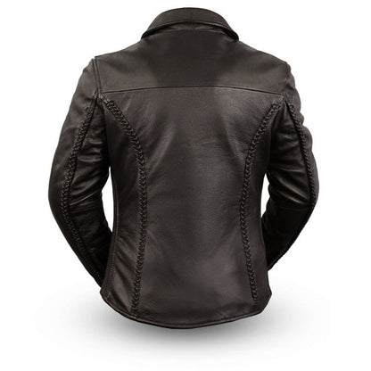 Ladies Contessa Jacket: ﻿Soft naked cowhide
-Snap-down shirt-collar, braided detail on the front, back and sleeves

Hidden zi