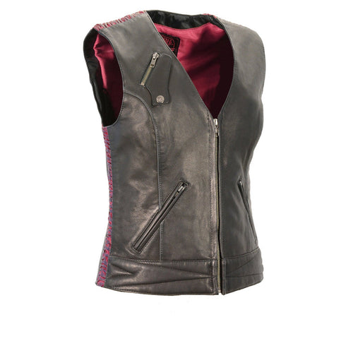 Ladies Front Zipper Vest Bk/Pp: Features:

Made from Premium Naked Goatskin
Leather Crimping Highlighting the Side
Snap Front
