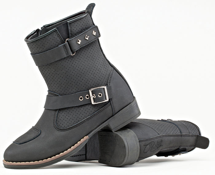 Ladies Moto Adira Boot Black: Premium, full-grain, matte finish leather construction
Perforated leather comfort top
Double ov
