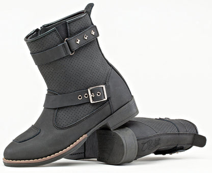 Ladies Moto Adira Boot Black: Premium, full-grain, matte finish leather construction
Perforated leather comfort top
Double ov