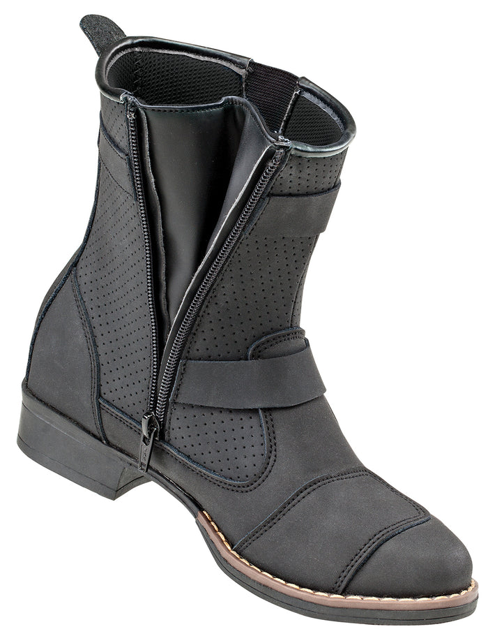 Ladies Moto Adira Boot Black: Premium, full-grain, matte finish leather construction
Perforated leather comfort top
Double ov