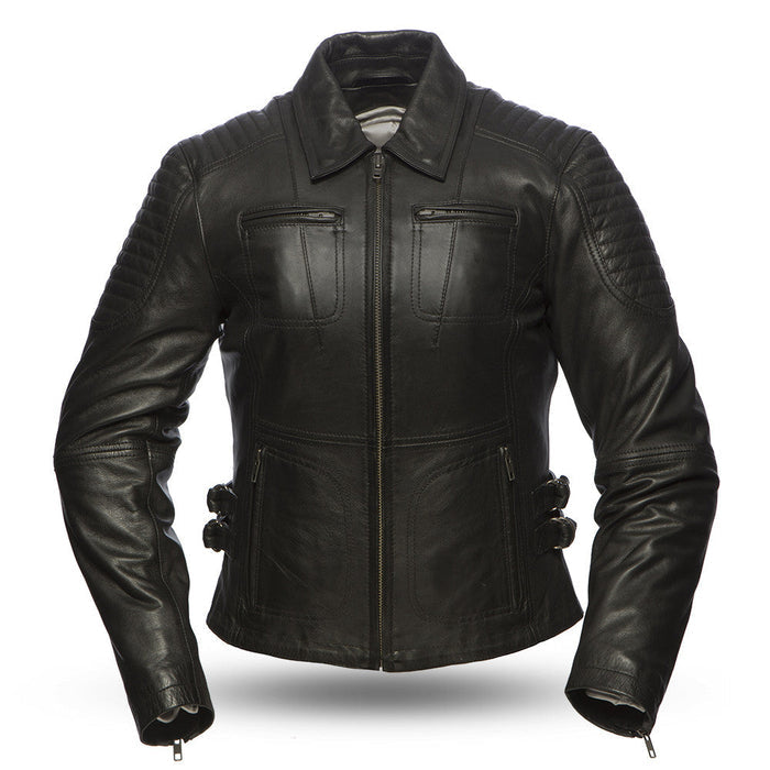 Ladies Speedy Jacket: Light aniline cowhide
Center zipper with snap down shirt collar and shoulder stitch detail
Chest pocket