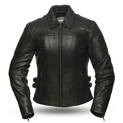 Ladies Speedy Jacket: Light aniline cowhide
Center zipper with snap down shirt collar and shoulder stitch detail
Chest pocket