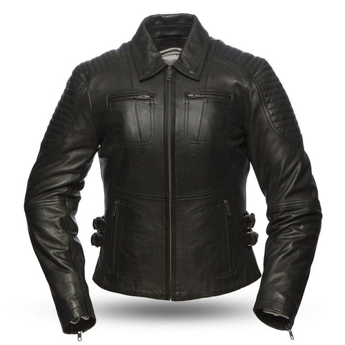 Ladies Speedy Jacket: Light aniline cowhide
Center zipper with snap down shirt collar and shoulder stitch detail
Chest pocket