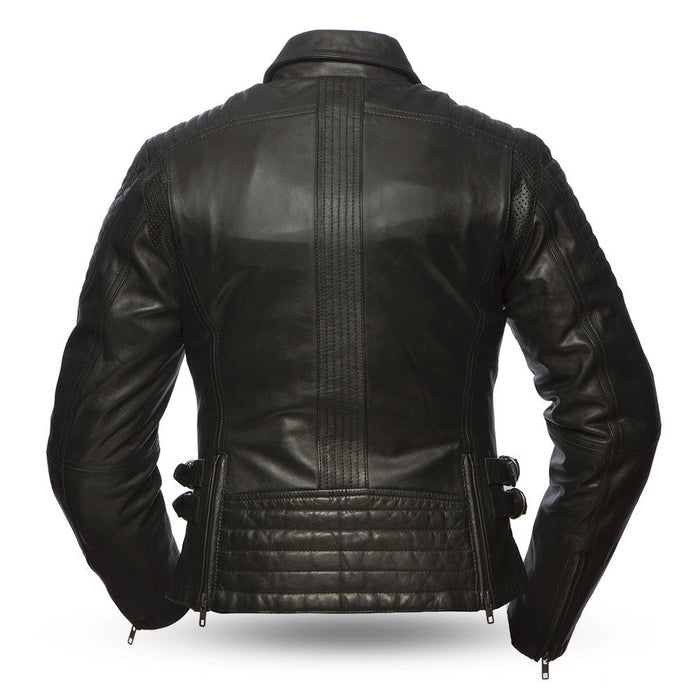 Ladies Speedy Jacket: Light aniline cowhide
Center zipper with snap down shirt collar and shoulder stitch detail
Chest pocket