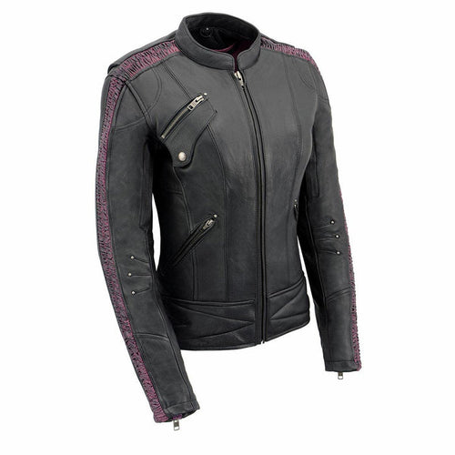 Ladies Wing Jacket Black: Milwaukee Leather MLL2570 Women's 'Phoenix Embroidered' Black and Fuchsia Pink Leather Motorcycle J