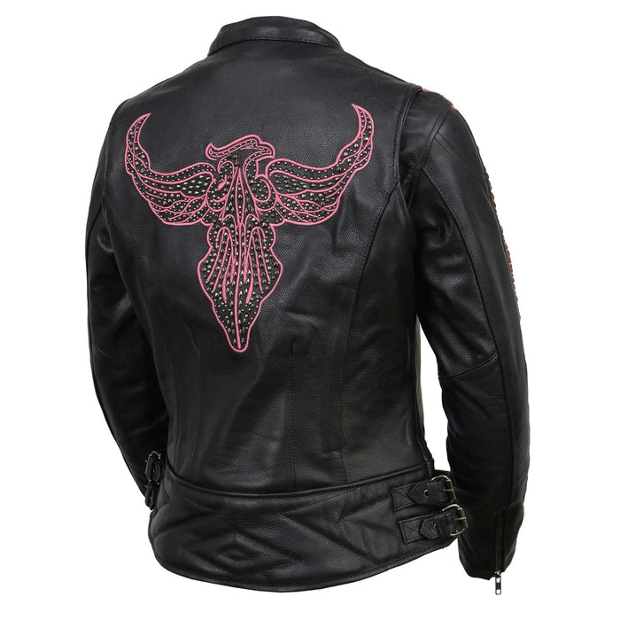 Ladies Wing Jacket Black: Milwaukee Leather MLL2570 Women's 'Phoenix Embroidered' Black and Fuchsia Pink Leather Motorcycle J