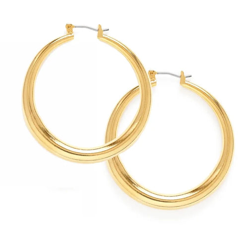 A pair of large gold-colored hoop earrings on a white background.