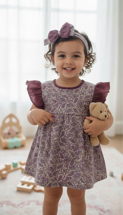 A lifestyle photograph of a smiling young girl with curly hair wearing the Larisa dress. The dress features a purple and lavender paisley print with plum-colored ruffled muslin sleeves and a matching plum neckline. She is also wearing a coordinating paisley and plum bow headband and holding a small tan teddy bear while standing in a bright room with wooden toys in the background.