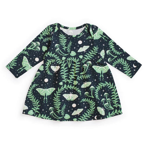 Children's dress with green leaf pattern on a white background