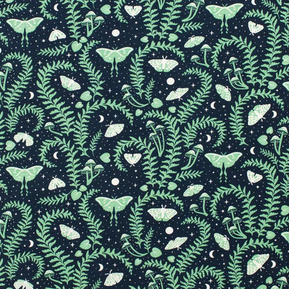 Pattern of green leaves and white butterflies on a dark blue background