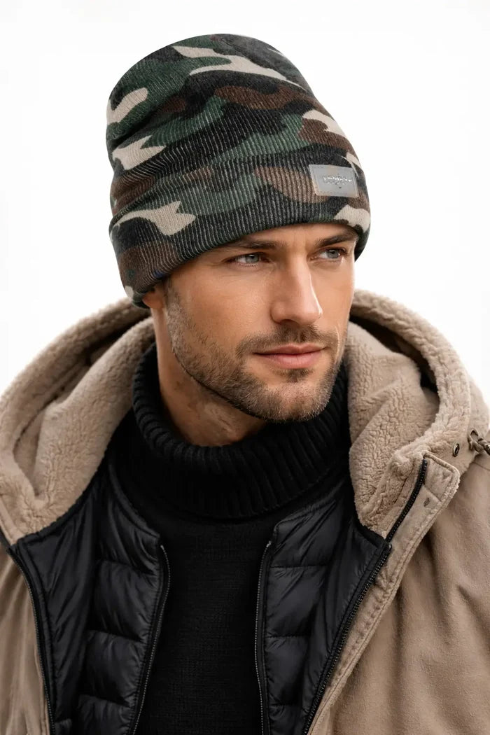 LED knit beanie with 5 lights illuminated camping setting