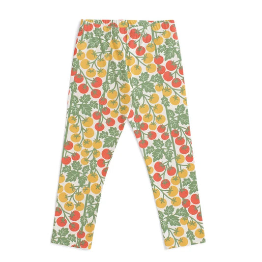 Leggings with a colorful tomato in red, green and yellow pattern on a white background