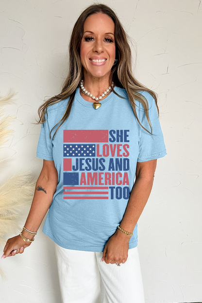 Light Blue SHE LOVES JESUS AND AMERICA TOO Flag Graphic T Shirt