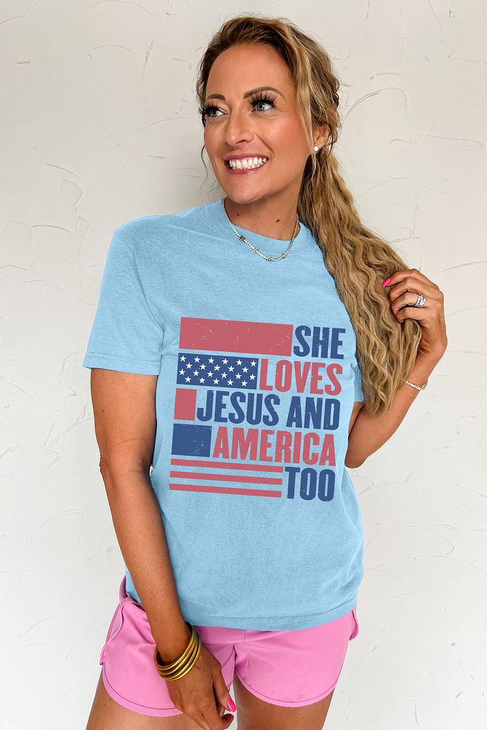 Light Blue SHE LOVES JESUS AND AMERICA TOO Flag Graphic T Shirt