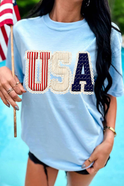 Light Blue USA Patriotic Printed T Shirt