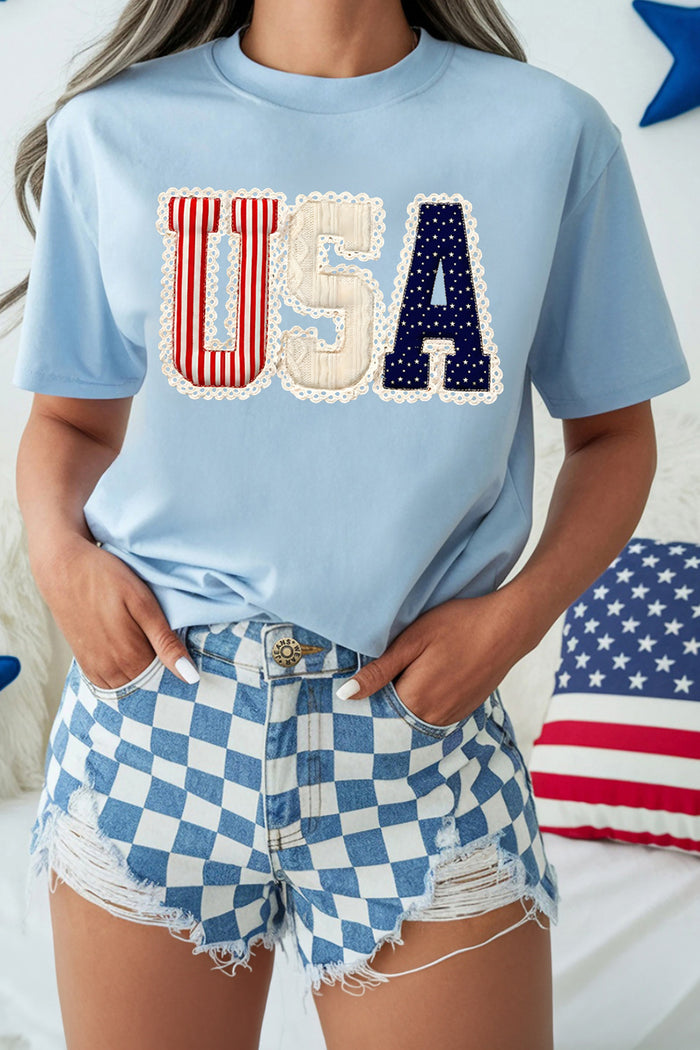 Light Blue USA Patriotic Printed T Shirt