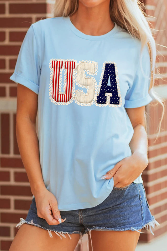 Light Blue USA Patriotic Printed T Shirt