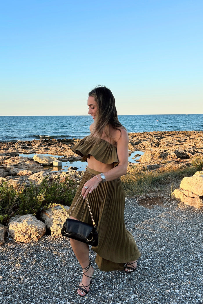 Lima Olive Asymmetrical Midi Skirt