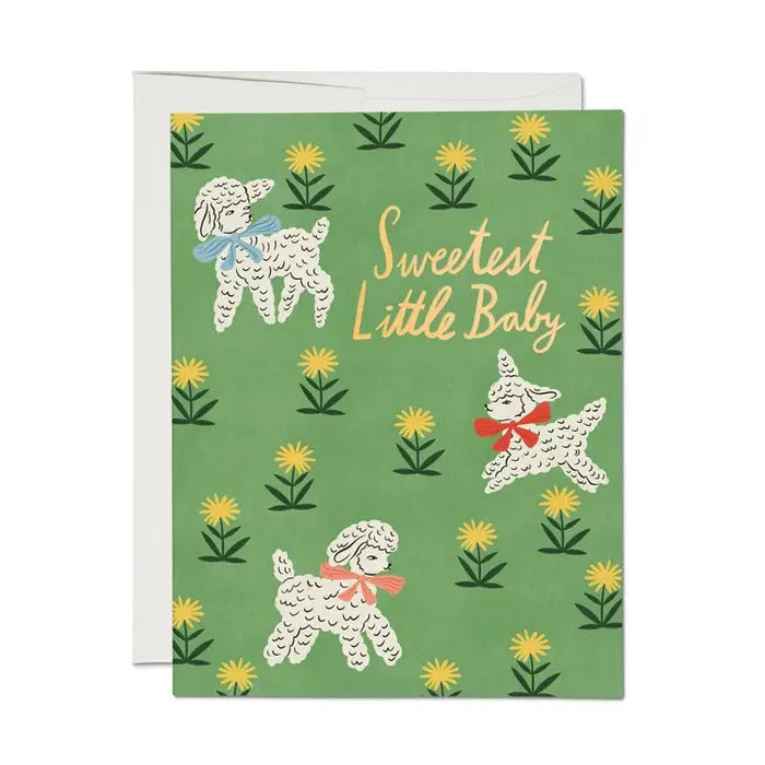 Greeting card with illustrations of lambs and flowers on a green background with the text 'sweetest little baby' in gold
