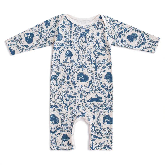 Baby onesie with blue forest animal pattern on a white background