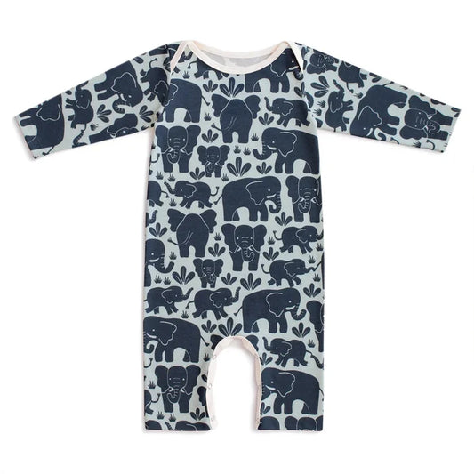 A long-sleeve baby footless romper with an all-over navy blue elephant pattern on a light gray background, shown flat against a white background.