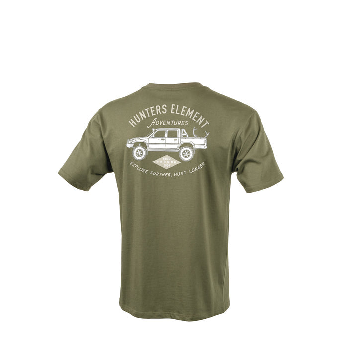 Green t-shirt with ' Hunters Element Adventures' graphic on a white background