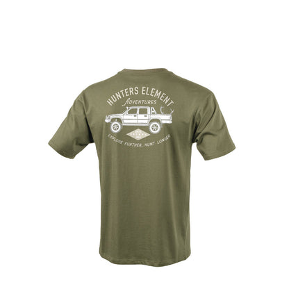 Green t-shirt with ' Hunters Element Adventures' graphic on a white background