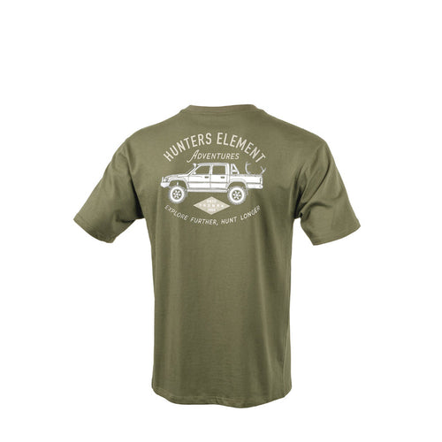 Green t-shirt with ' Hunters Element Adventures' graphic on a white background