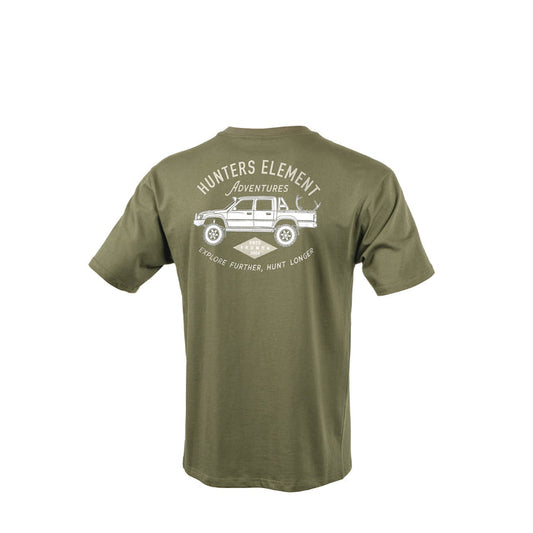 Green t-shirt with ' Hunters Element Adventures' graphic on a white background
