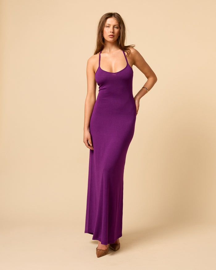 Madeline Dress in Purple maxi knit dress with sweetheart neckline and open back