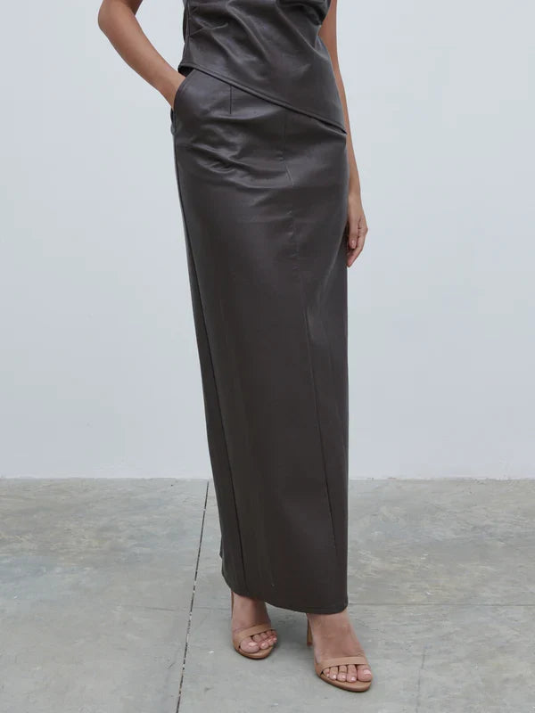 Maeve Faux Leather Maxi Skirt (Dark Chocolate Brown)