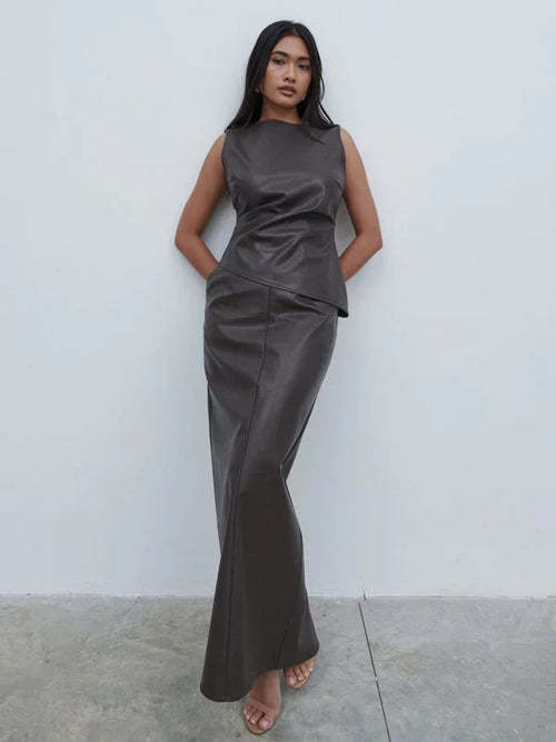 Maeve High Neck Faux Leather Top (Dark Chocolate Brown)