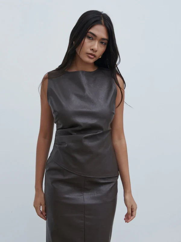 Maeve High Neck Faux Leather Top (Dark Chocolate Brown)